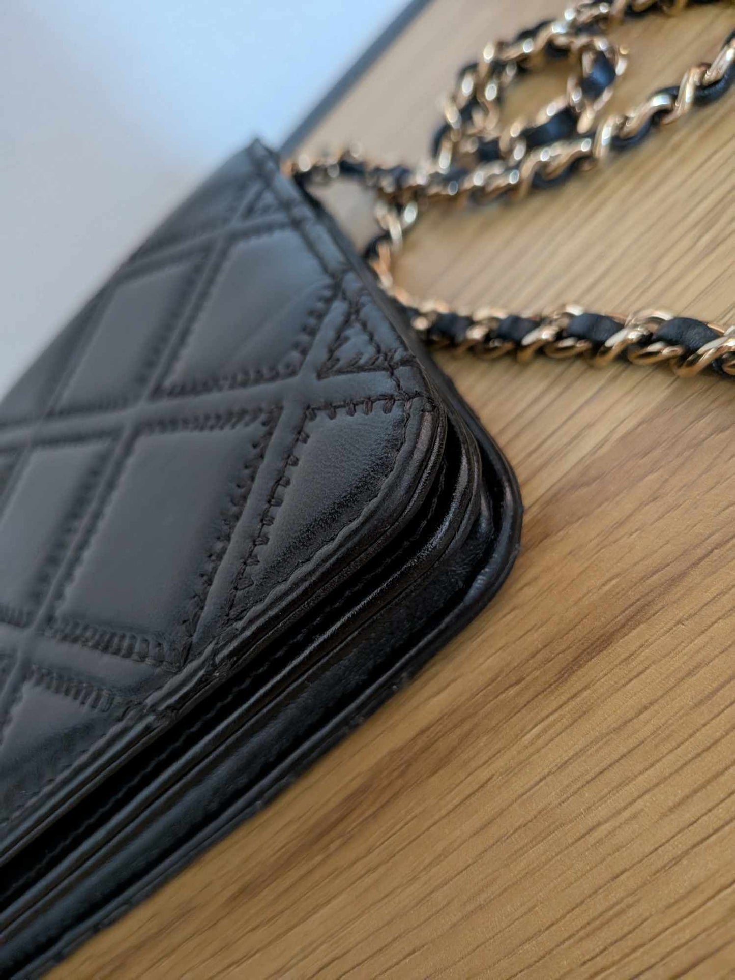 Chanel Lambskin Quilted Double Stitch Tassel Wallet On Chain Black Gold Hardware