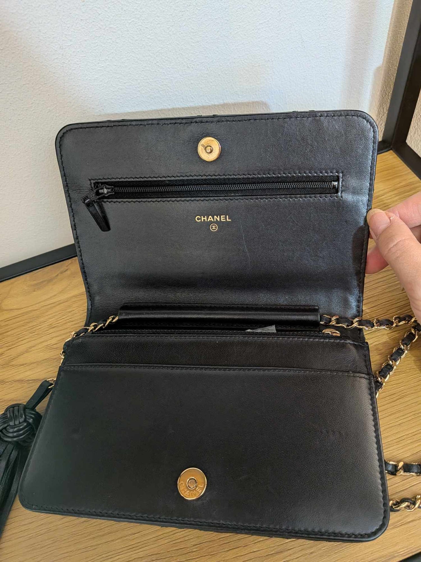 Chanel Lambskin Quilted Double Stitch Tassel Wallet On Chain Black Gold Hardware