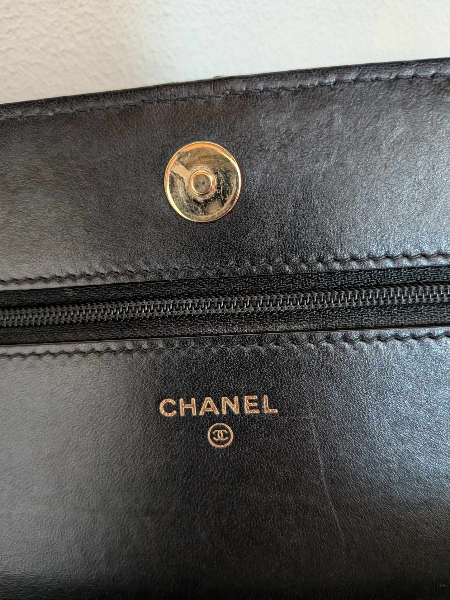 Chanel Lambskin Quilted Double Stitch Tassel Wallet On Chain Black Gold Hardware