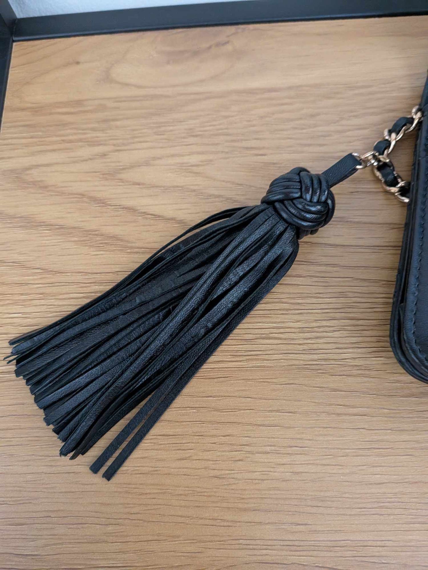 Chanel Lambskin Quilted Double Stitch Tassel Wallet On Chain Black Gold Hardware