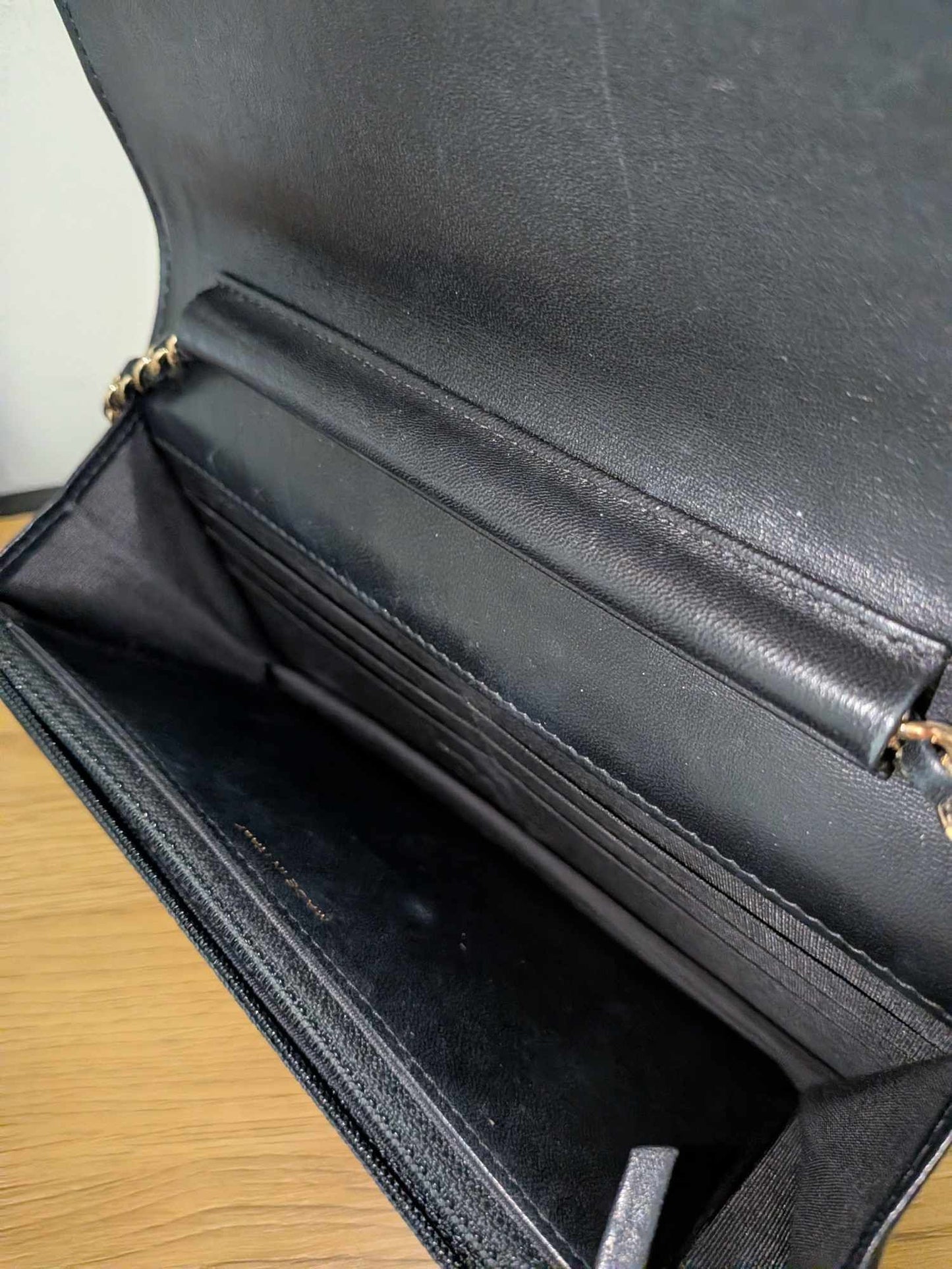 Chanel Lambskin Quilted Double Stitch Tassel Wallet On Chain Black Gold Hardware