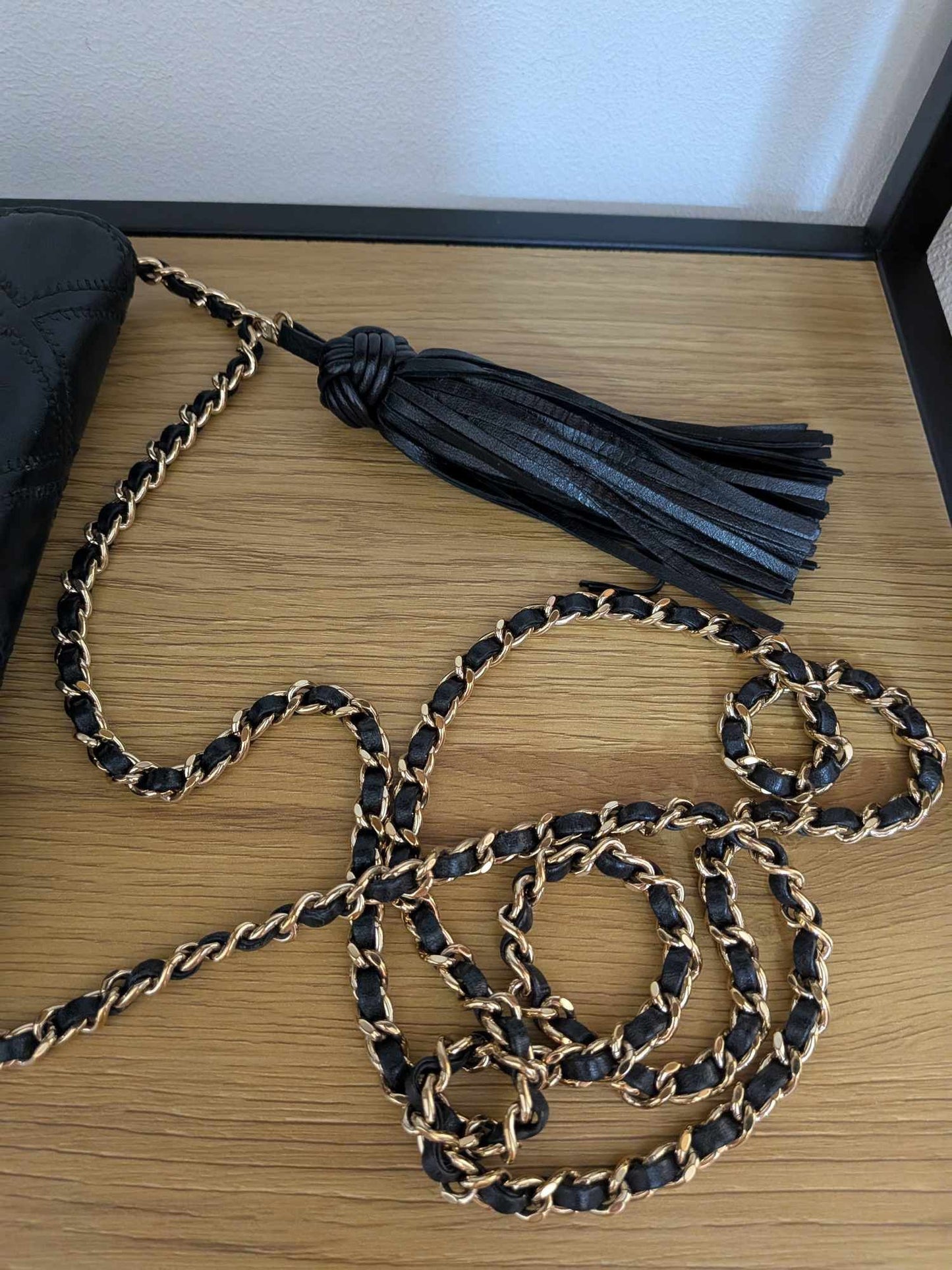 Chanel Lambskin Quilted Double Stitch Tassel Wallet On Chain Black Gold Hardware