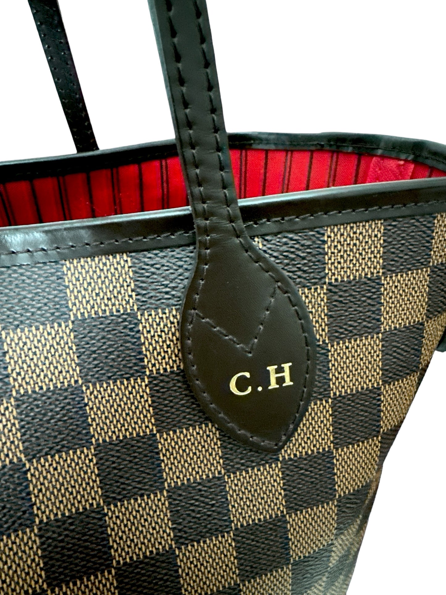 Louis Vuitton Neverfull MM in Damier Ebene with Heatstamped Initials